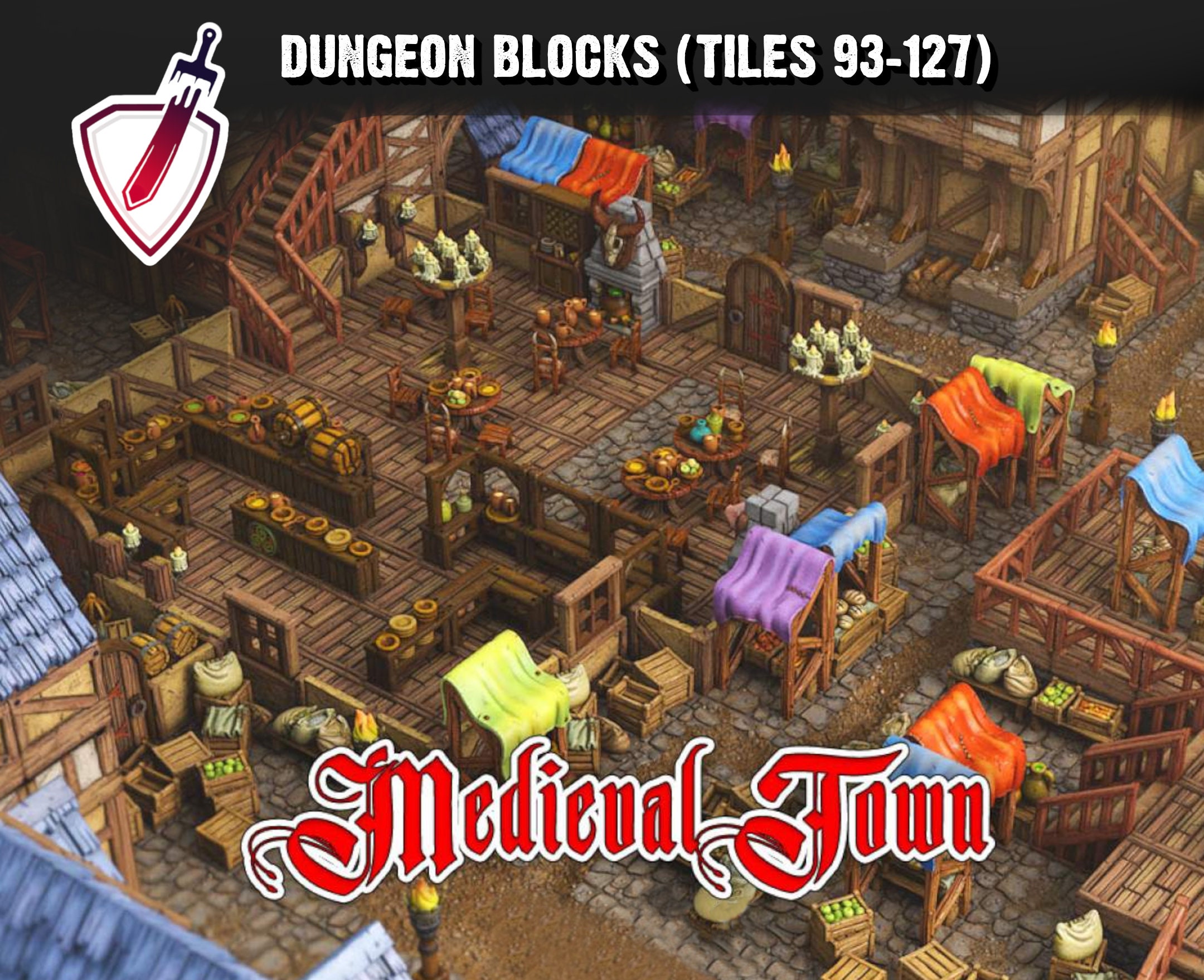 Dungeon Blocks Medieval Town Expansion Tiles (93-127) | FDM or Resin Printed | Great for D&D, Pathfinder, or any Tabletop RPG | Free Grids!