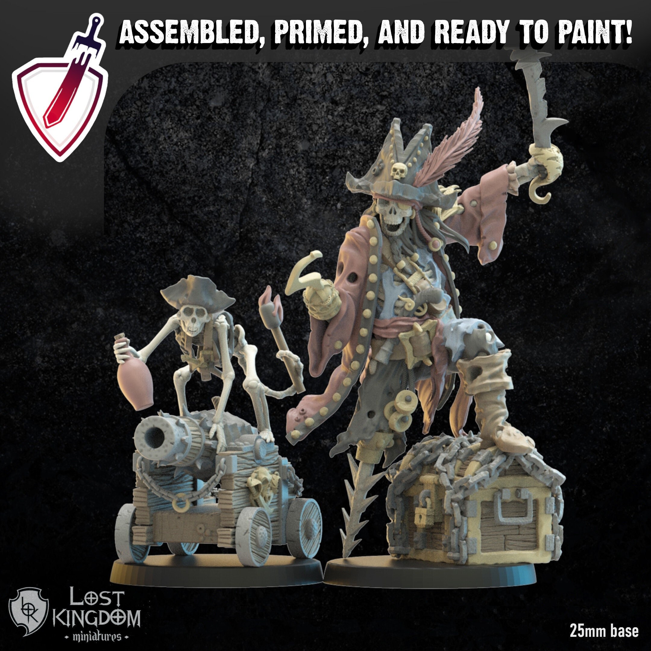 Captain "Saw Leg" and Mr. Boom | Miniature by Lost Kingdom | For Tabletop Gaming, D&D, Pathfinder, Wargames, Painting | Assembled and Primed
