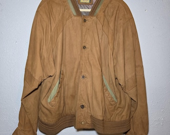 Vintage Leather Bomber Jacket Fil a Fil Sportswear Made in Korea Oversized Brown Green Patchwork 80s 90s