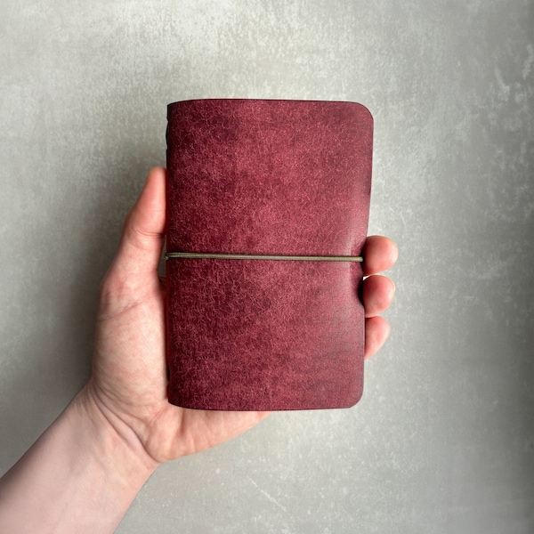 Leather Journal -Burgundy-With Moleskine Cahier Notebook- Pocket Size Field Notes Personalized Gift Refillable Midori Style Journal