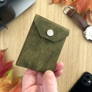 Slanke leren kaarthouder voorvak met muntzakje | Minimalistische leren kaarthouder | Portemonnee van topnerfleer | Aangepast monogram