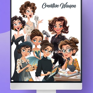 Puede incluir: Ilustración digital en una pantalla de ordenador que muestra a un grupo de mujeres con el texto "Creative Women". Las mujeres se representan en diversas profesiones creativas, como una cantante, una pintora y una escritora.