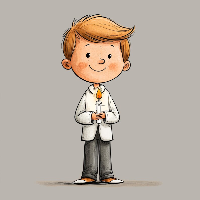 May include: A cartoon illustration of a young person with light brown hair, wearing a white collared jacket and dark gray trousers, holding a lit white candle with a bright orange flame. The character has a simple, friendly facial expression.