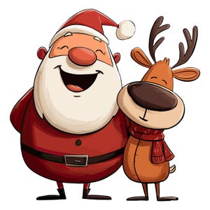 Puede incluir: Ilustración de dibujos animados de Papá Noel y un reno. Papá Noel lleva un traje rojo, un gorro y un cinturón negro. El reno tiene cuernos marrones y una bufanda roja. Ambos personajes sonríen.