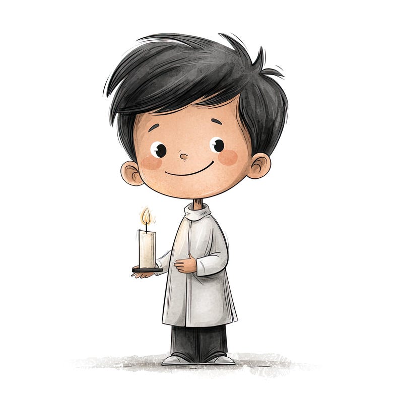 May include: A cartoon illustration of a child with dark hair wearing a white liturgical robe over dark trousers, holding a small lit candle on a circular base. The character has a simple, friendly expression with rosy cheeks and a gentle smile.