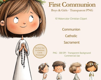Clipart Primera Comunión PNG – Acuarela Niños y Niñas – Ilustraciones Católicas Religiosas – Descarga Digital 300 DPI