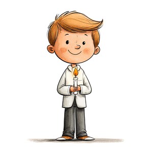 May include: A cartoon illustration of a young person with light brown hair and rosy cheeks, wearing a white collared jacket and dark gray trousers. The figure is standing upright and holding a single white candle with a glowing orange flame.