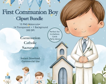 May include: A digital clipart bundle featuring watercolor illustrations of a boy in a white suit for a First Communion. Includes a church, a candle, and smaller figures of boys in prayer. Text includes First Communion Boy Clipart Bundle.