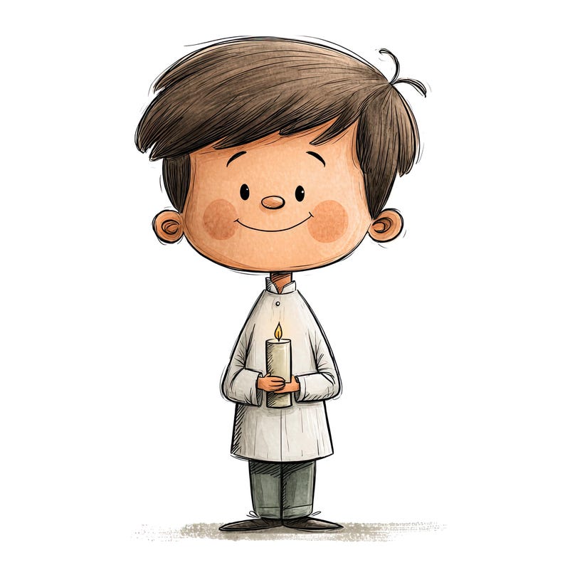 May include: A cartoon illustration of a child with brown hair and rosy cheeks wearing a white tunic and dark trousers. The child is holding a lit candle with a small yellow flame. The drawing style features clean lines and soft shading.