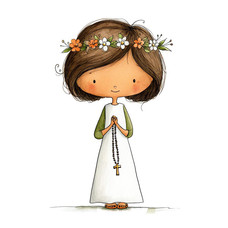 May include: A digital illustration of a figure with brown hair wearing a floral crown of orange and white flowers. The figure wears a long white dress with olive green sleeves and holds a dark beaded rosary with a wooden cross in their hands.