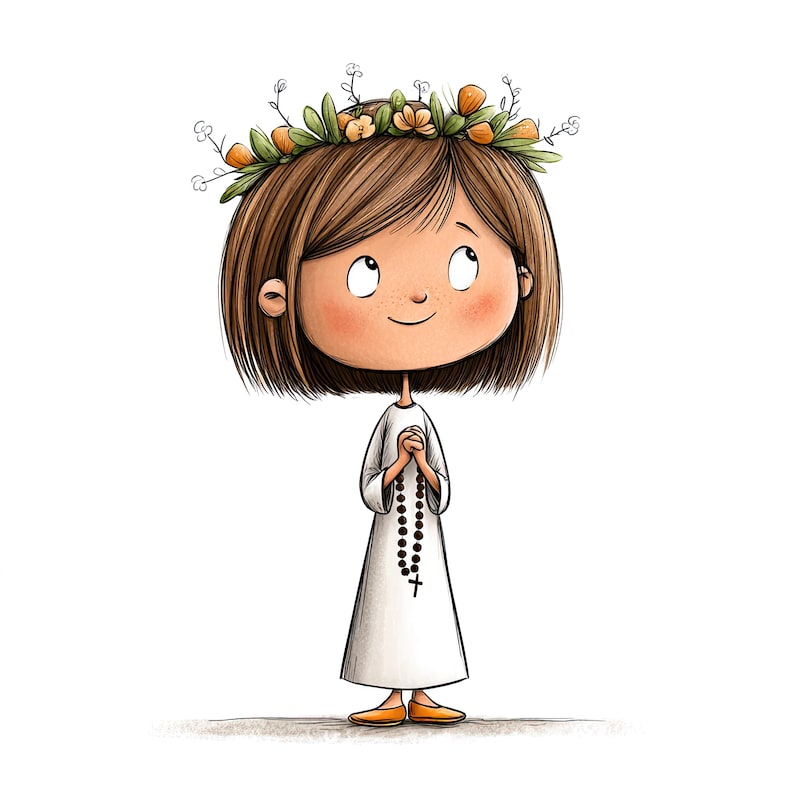 May include: A digital illustration of a character with brown hair wearing a white dress and a floral crown. The character has hands clasped together holding a dark brown rosary with a cross. The character has rosy cheeks and is looking upward.