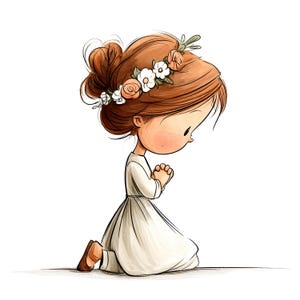 May include: A digital illustration of a person with auburn hair styled in a bun, wearing a white dress and a floral crown with white and peach flowers. The person is kneeling with hands clasped together in a prayer position, facing to the right.