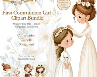 May include: A digital clipart bundle featuring watercolor illustrations of girls in white dresses for First Communion. The graphics include a tall candle, floral bunting, and various scenes of children in religious attire with brown hair and veils.