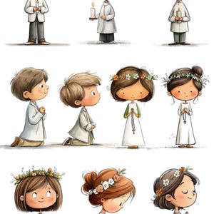 May include: A collection of eleven cartoon illustrations depicting children in white ceremonial clothing. Some figures hold lit candles, while others hold rosaries or kneel in prayer. Several figures wear floral crowns in their hair.