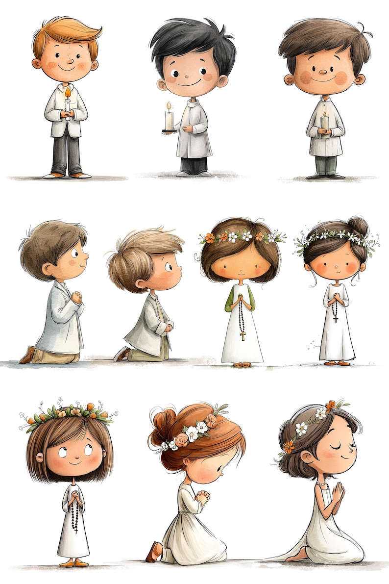 May include: A collection of eleven cartoon illustrations depicting children in white ceremonial clothing. Some figures hold lit candles, while others hold rosaries or kneel in prayer. Several figures wear floral crowns in their hair.