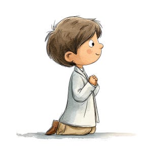 May include: A watercolor-style illustration of a child with brown hair kneeling in profile. The child wears a white blazer over a white shirt and tan trousers, with hands clasped together in front of the chest in a prayer-like position.