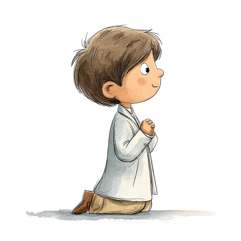 May include: A watercolor-style illustration of a child with brown hair kneeling in profile. The child wears a white blazer over a white shirt and tan trousers, with hands clasped together in front of the chest in a prayer-like position.