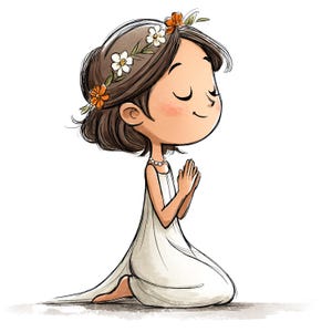May include: A cartoon illustration of a character with brown hair kneeling with hands pressed together in a prayer position. The character wears a long white dress, a simple pearl necklace, and a floral crown featuring white and orange flowers.