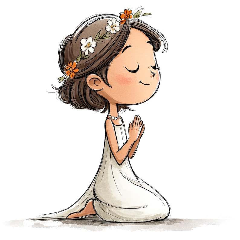 May include: A cartoon illustration of a character with brown hair kneeling with hands pressed together in a prayer position. The character wears a long white dress, a simple pearl necklace, and a floral crown featuring white and orange flowers.
