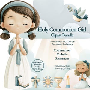 First Communion Clipart Girl, Watercolor Catholic PNG Bundle, Praying Girl, Chalice Dove Cross, Invitation Nursery, Commercial Use