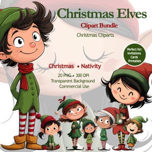 Op de afbeelding: Een digitale illustratie van Christmas Elves Clipart Bundle met meerdere cartoonelfjes in groene en rode outfits. De tekst bevat Christmas Elves, Clipart Bundle, Christmas Cliparts, Christmas, Nativity, 20 PNG, 300 DPI, Transparent Background, Commercial Use.
