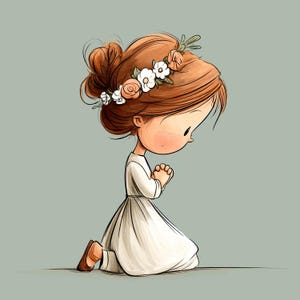 May include: A cartoon illustration of a figure with auburn hair styled in a bun, wearing a white dress and a floral crown with white and peach flowers. The figure is kneeling with hands clasped together in a prayer position, wearing brown shoes.