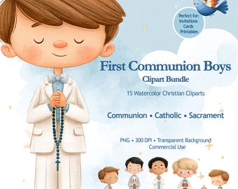 May include: A digital clipart bundle featuring watercolor illustrations of boys in white suits for First Communion. The text reads First Communion Boys Clipart Bundle, 15 Watercolor Christian Cliparts, Communion, Catholic, Sacrament, PNG, 300 DPI, Transparent Background, Commercial Use.