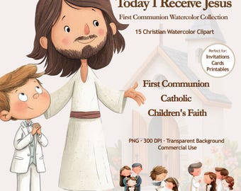 First Communion Clipart, Today I Receive Jesus, Catholic Communion Story PNG, Communion Boy Girl, Christian Watercolor Clipart, Religious