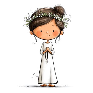 May include: A cartoon illustration of a child with brown hair in a bun, wearing a white dress and a floral crown of white daisies. The child has hands clasped together holding a black rosary with a cross pendant, standing against a plain white background.