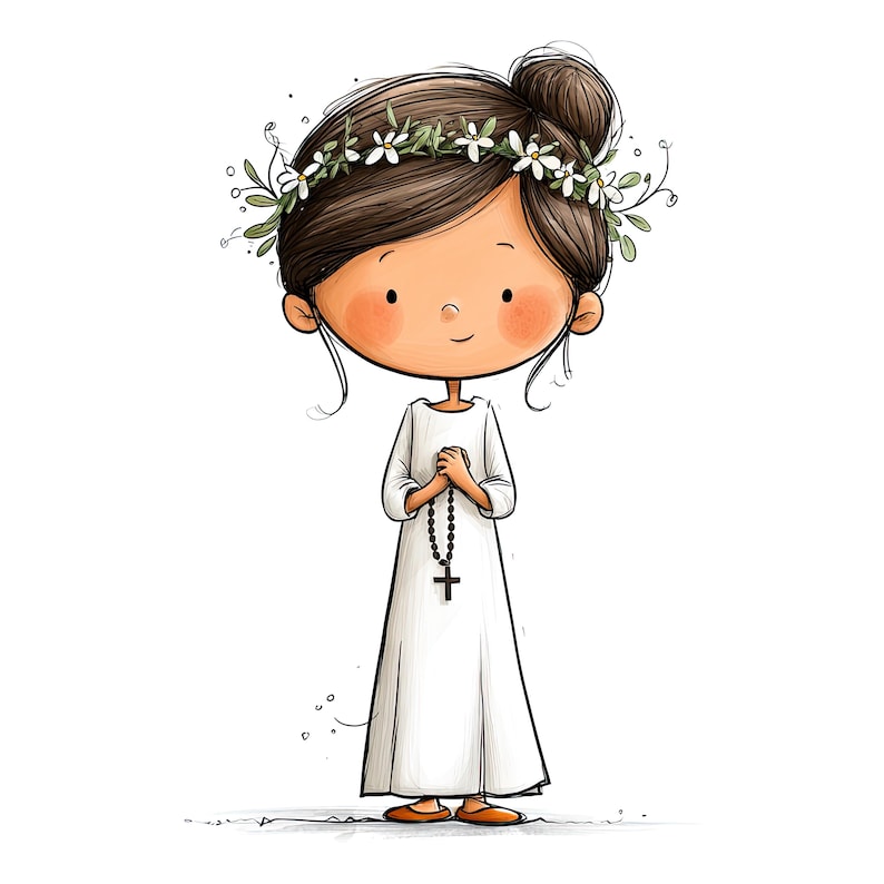 May include: A cartoon illustration of a child with brown hair in a bun, wearing a white dress and a floral crown of white daisies. The child has hands clasped together holding a black rosary with a cross pendant, standing against a plain white background.