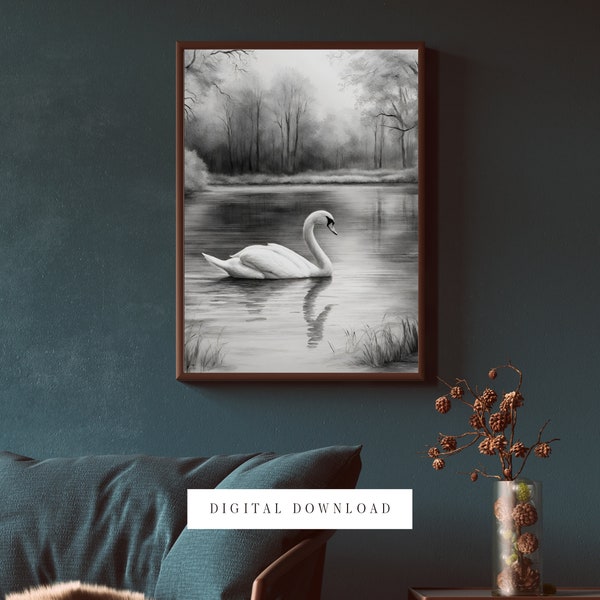 A Romantic Graphite Drawing Series: A Swan On a Forest Lake! Charcoal Aesthetics, Graphite Drawings, Beyond Black & White. Instant Download.