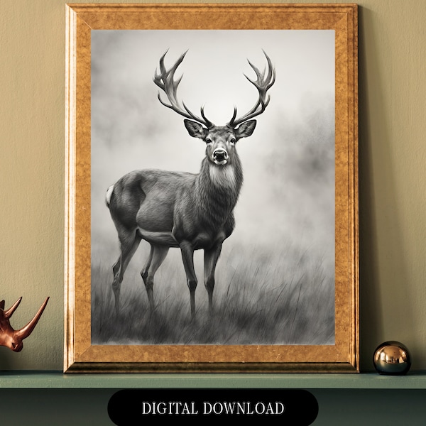 A Romantic Charcoal Drawing Series: A Majestic Stag! Charcoal Aesthetics, Graphite Drawings, Beyond Black & White. Instant Download.