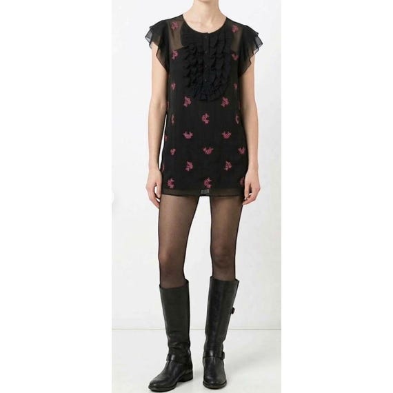 Chloé, Vestido Vintage de Seda Negra Chloé con Bordado Floral Fuchsia