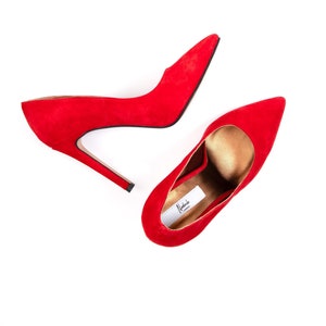 Red Suede Pointed Toe Pumps: Handmade Leather Stiletto Heels