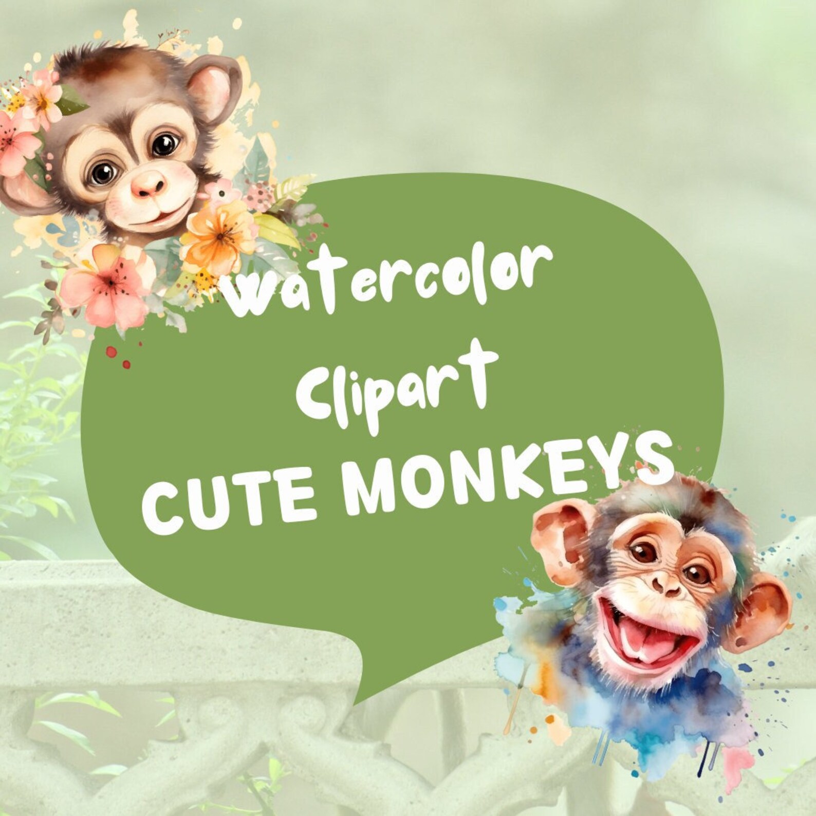 Monkey Clipart Watercolor Monkey PNG, Digital Download Monkey, Creative