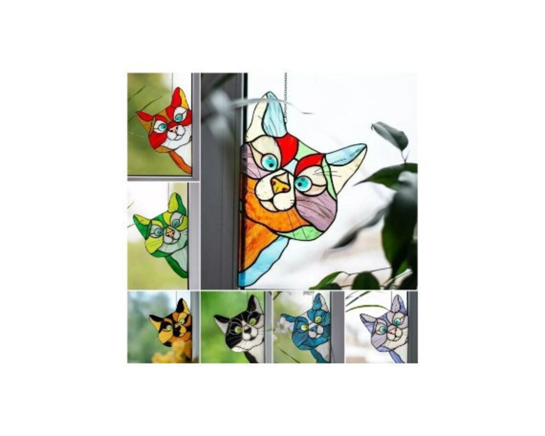 Whimsical Stained Glass Cat Window Hanger Charming Feline Etsy