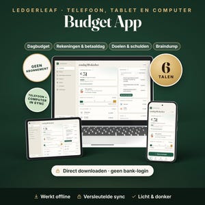 Op de afbeelding: Een digitale budget-app interface weergegeven op een laptop, tablet en smartphone. Het scherm toont financiële trackingcategorieën zoals Dagbudget, Rekeningen & betaaldag, Doelen & schulden en Braindump. Tekst bevat Ledgerleaf, Budget App, Geen abonnement, 6 talen en Direct downloaden.