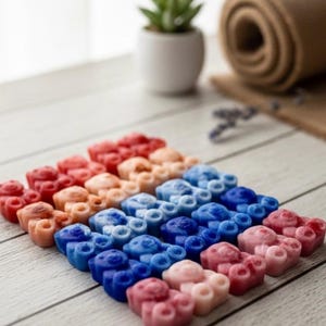 May include: Rows of colorful, car-shaped wax melts in shades of red, orange, blue, and pink. The melts are arranged on a light-colored wooden surface. A small potted plant and a rolled mat are in the background.