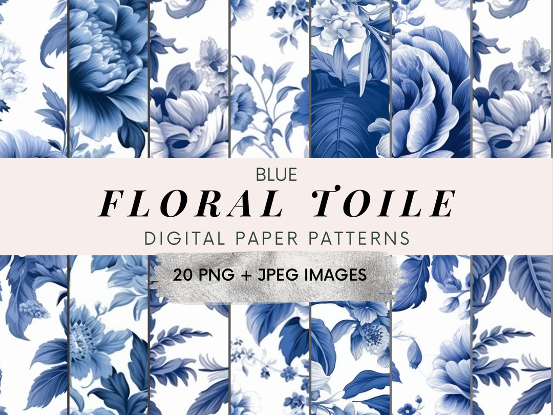 Floral Toile Pattern Background Blue Digital Paper Seamless Etsy