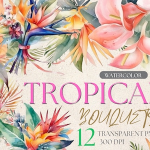 Watercolor Tropical Bouquet Flower Clipart, Jungle Foliage, Orchid Hibiscus Greenery PNG Wedding Bridal Mother’s Day Summer Commercial Use