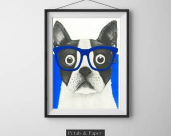 Boston Terrier Art Print, Printable Home Decor, Hipster Glasses, Pencil Drawing