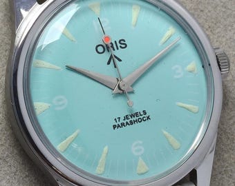Vintage Oris 17 Jewels Transparent Back, Hand-winding Wrist Watch: Turquoise Dial Swiss Made