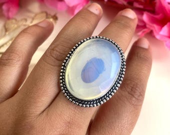 Oval Milky Opal Ring: 925 Sterling Silver Healing Crystal Jewelry