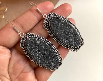Titanium Druzy Gemstone Earrings, Charm Drop & Dangle Earrings, 925 Sterling Silver Jewelry, Anniversary Gift, Earrings For Mom Birthday