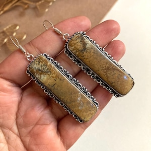 Natural Picture Jasper Earring, Jasper Silver Earring, Jasper Rectangle Stone Earring, 925 Sterling Silver Earring, Gemstone Earring For Her