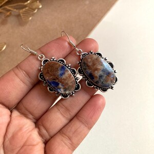 Precious Sodalite Gemstone Earrings, Brown Drop & Dangle Earrings, 925 Sterling Silver Jewelry, Anniversary Gift, Earrings For Sister 2.05"