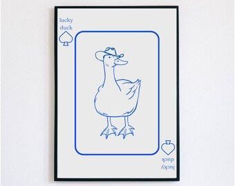 Trendy Retro Wall Art, Retro Trendy Aesthetic Print, Blue Ace Card Poster, Lucky Duck Poster, Trendy Wall Art, Funny Art, Digital Printable