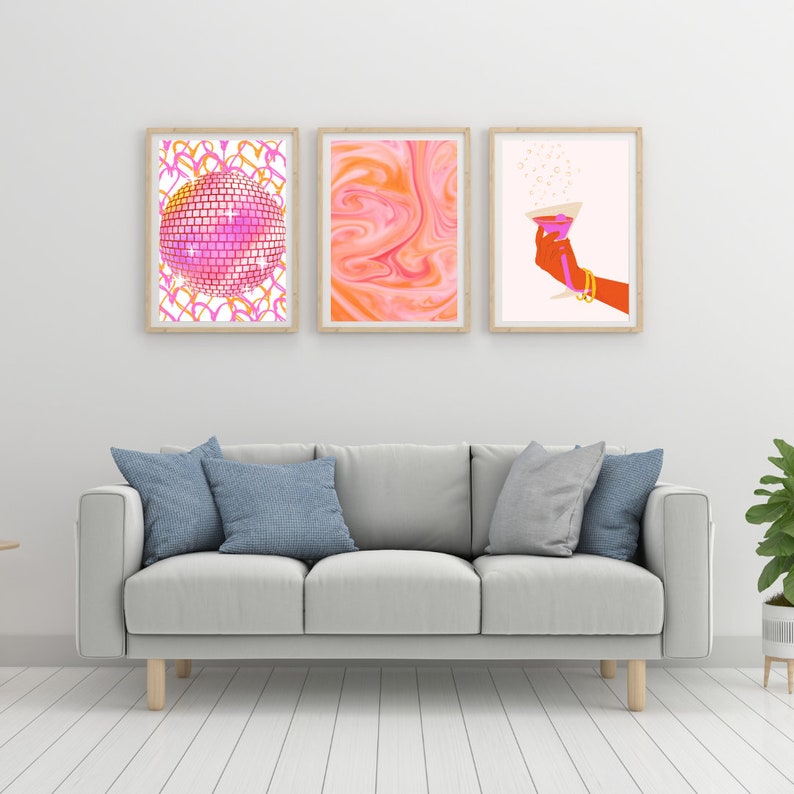 Pink and Orange Wall Art Trendy Retro Wall Art Dorm Room Decor Preppy
