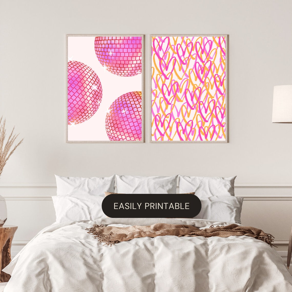 Pink and Orange Wall Art Trendy Retro Wall Art Dorm Room Decor Preppy