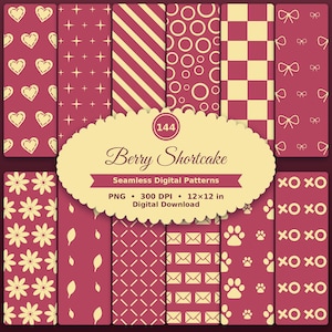 Berry Shortcake Seamless Digital Patterns: Raspberry Yellow Junk Journaling Scrapbook Supply, Berry Rose 144 PNG
